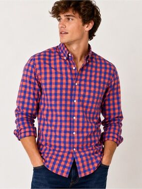 J.Crew MT Medium Tall Blue Orange Gingham Button Down Shirt 100% Cotton Casual